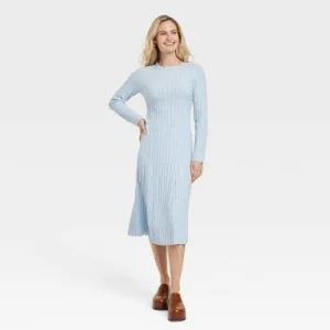 New - Women's Long Sleeve Midi Ribbed Sweater Dress - A New Day Blue XL