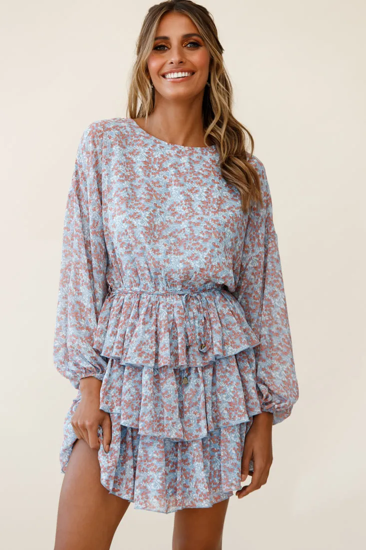 Odessa Long Sleeve Layered Ruffle Dress Floral Print Blue