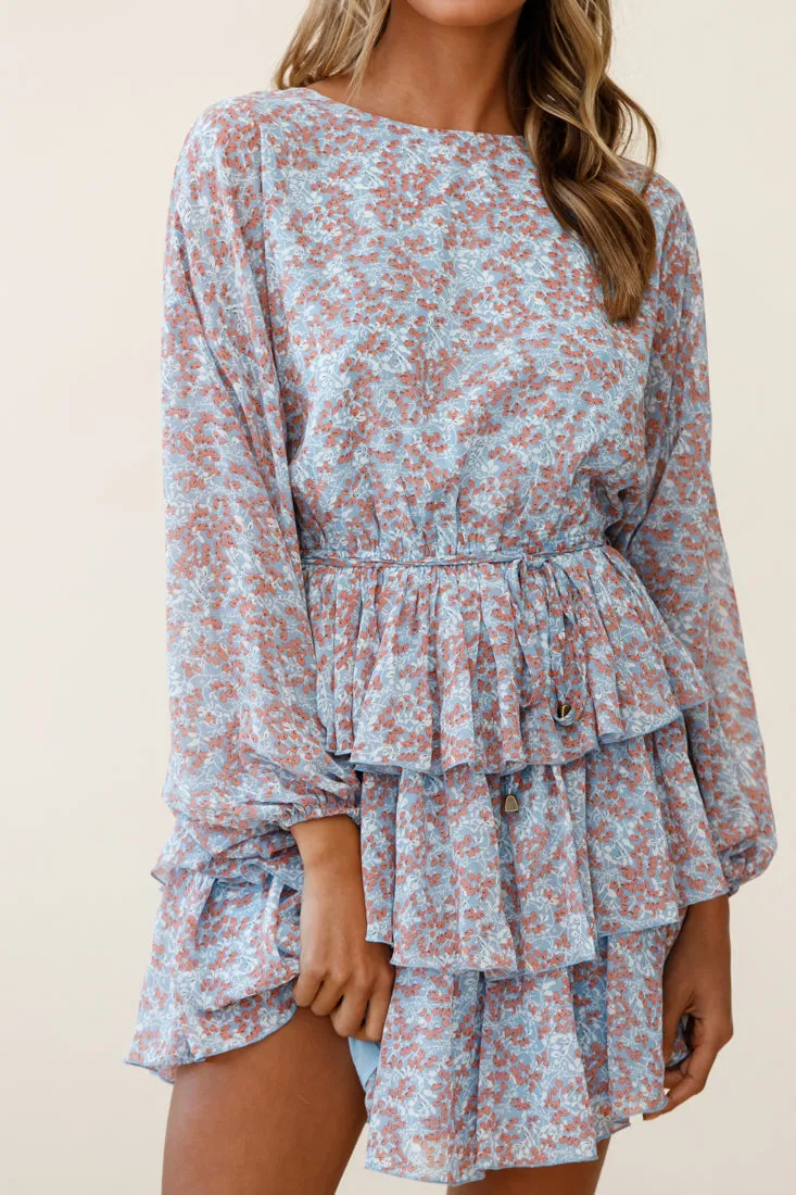 Odessa Long Sleeve Layered Ruffle Dress Floral Print Blue