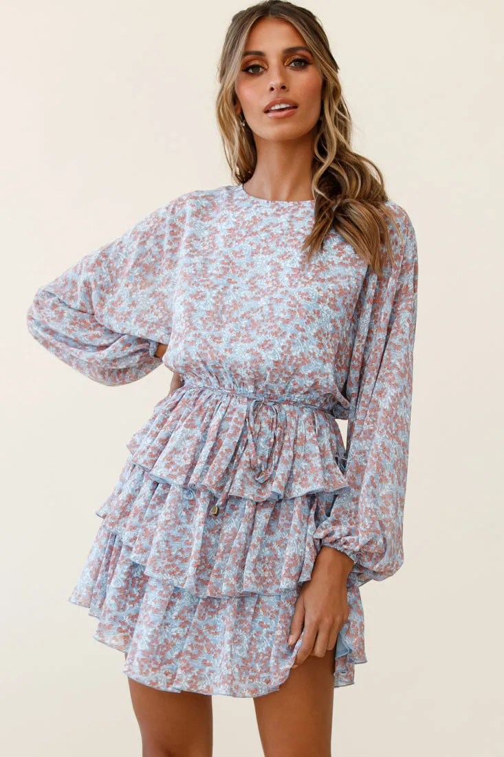 Odessa Long Sleeve Layered Ruffle Dress Floral Print Blue