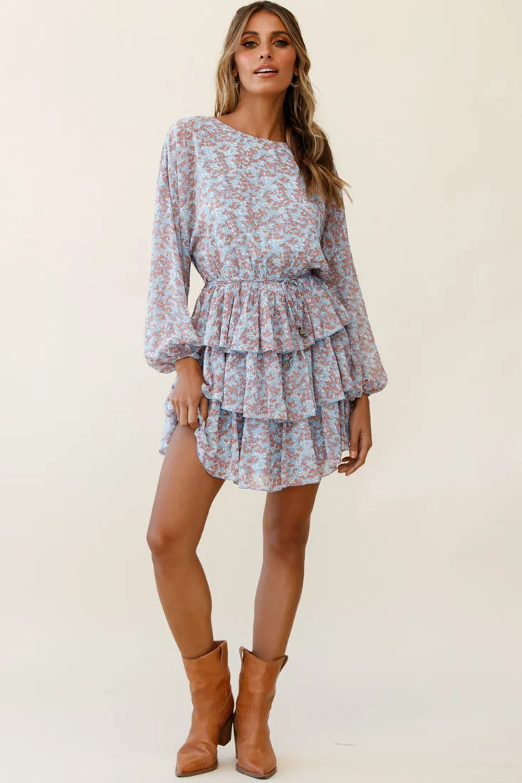 Odessa Long Sleeve Layered Ruffle Dress Floral Print Blue