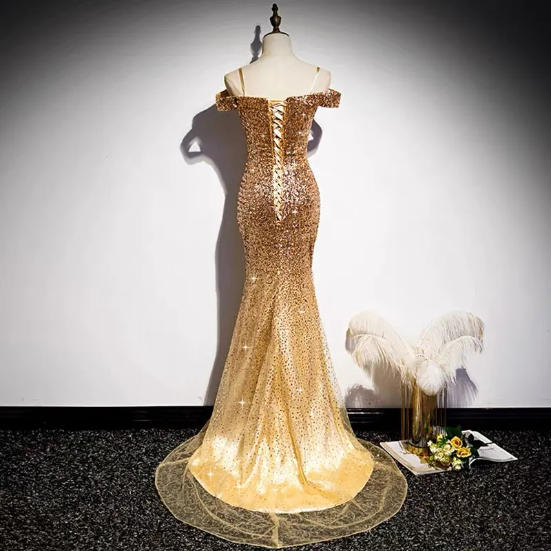 Off Shoulders Tight Fit Gold Sequin Prom Dress