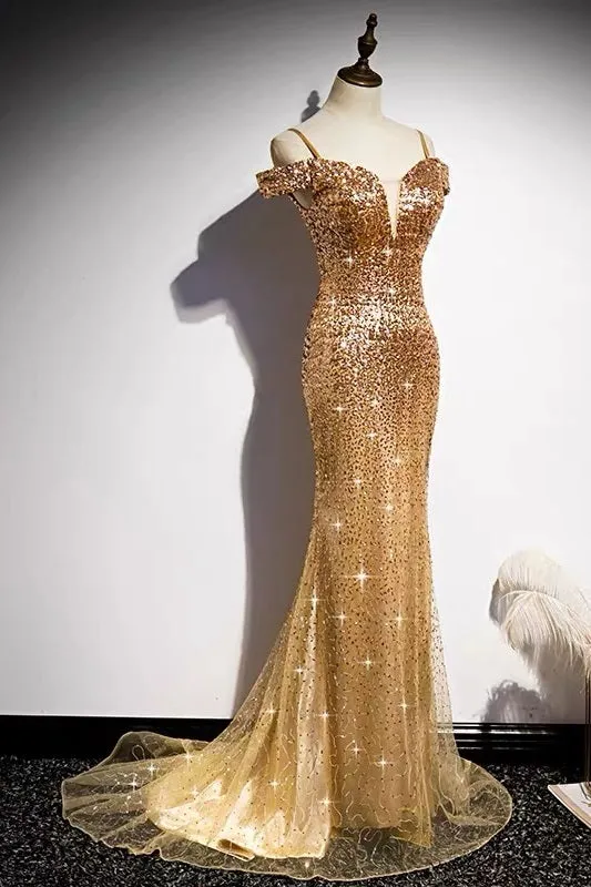 Off Shoulders Tight Fit Gold Sequin Prom Dress