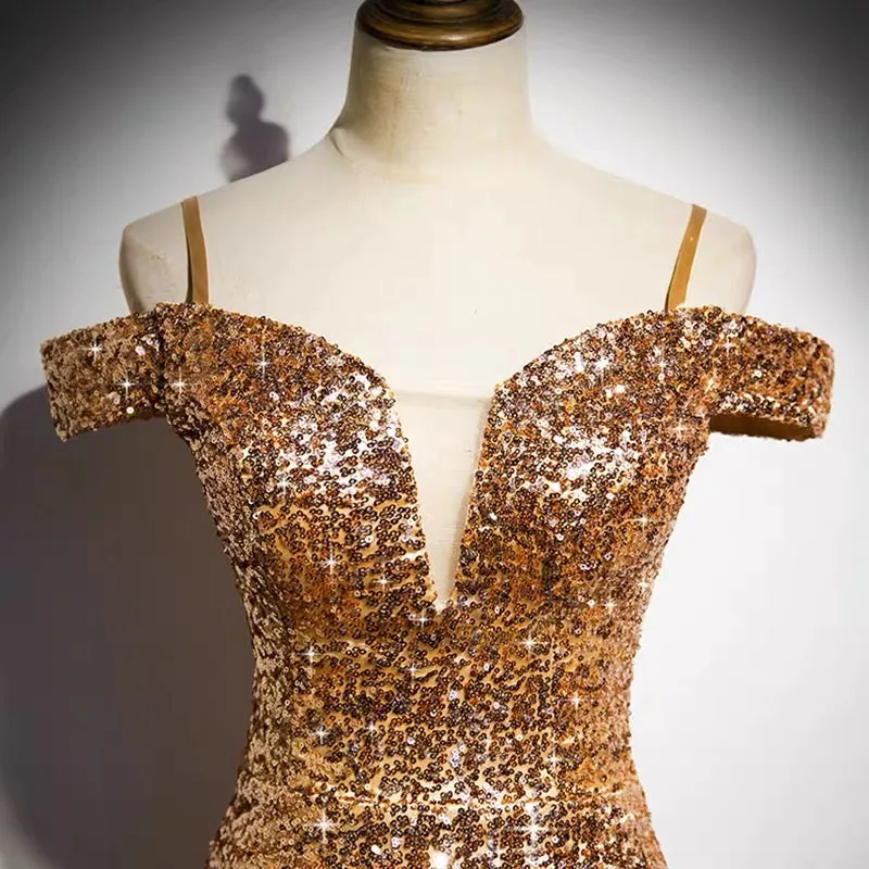 Off Shoulders Tight Fit Gold Sequin Prom Dress