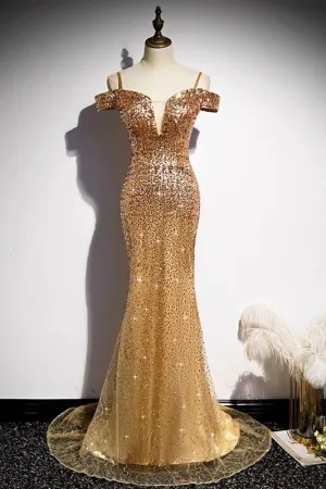 Off Shoulders Tight Fit Gold Sequin Prom Dress