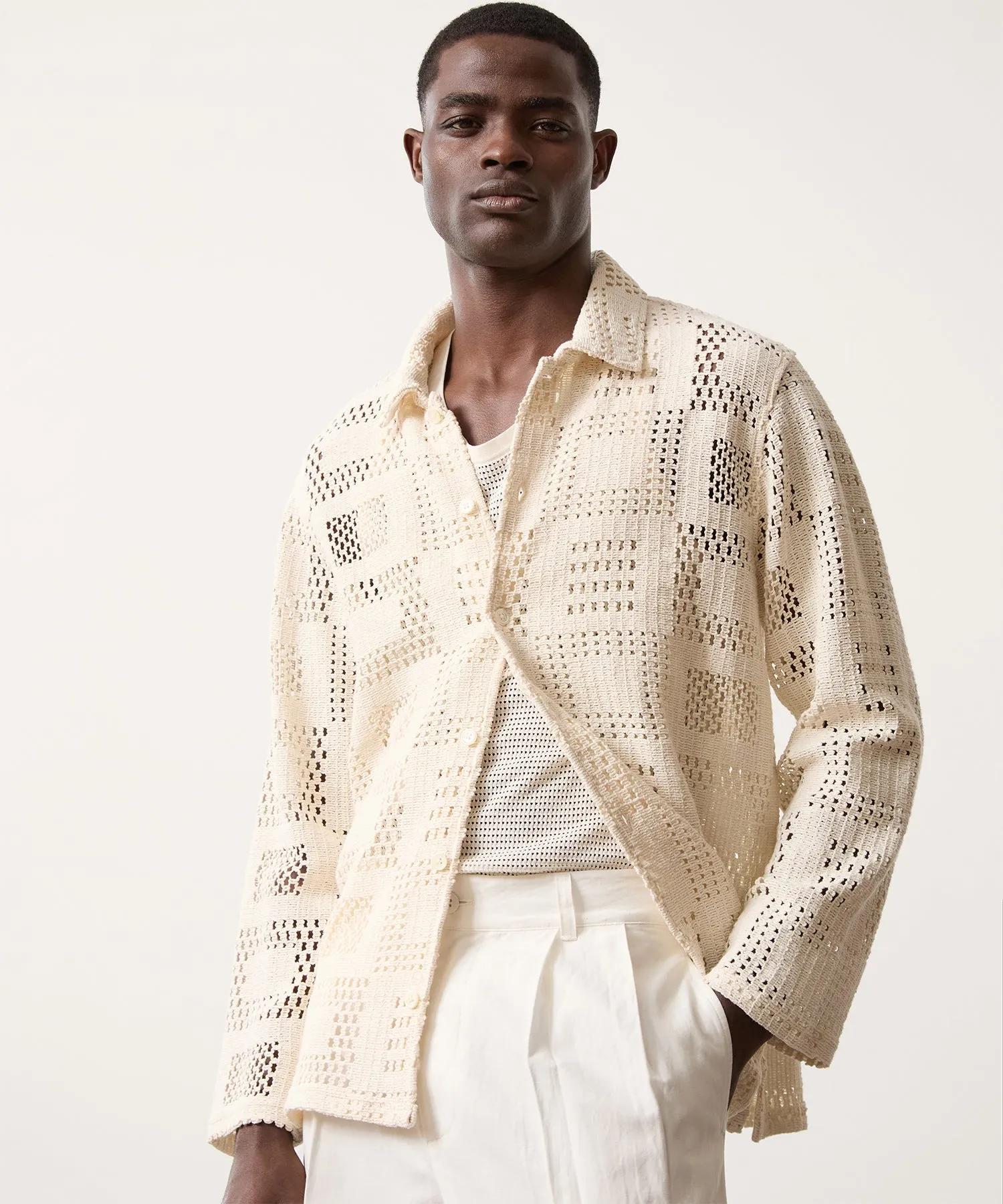 Open-Knit Long-Sleeve Cabana Shirt in Chalk