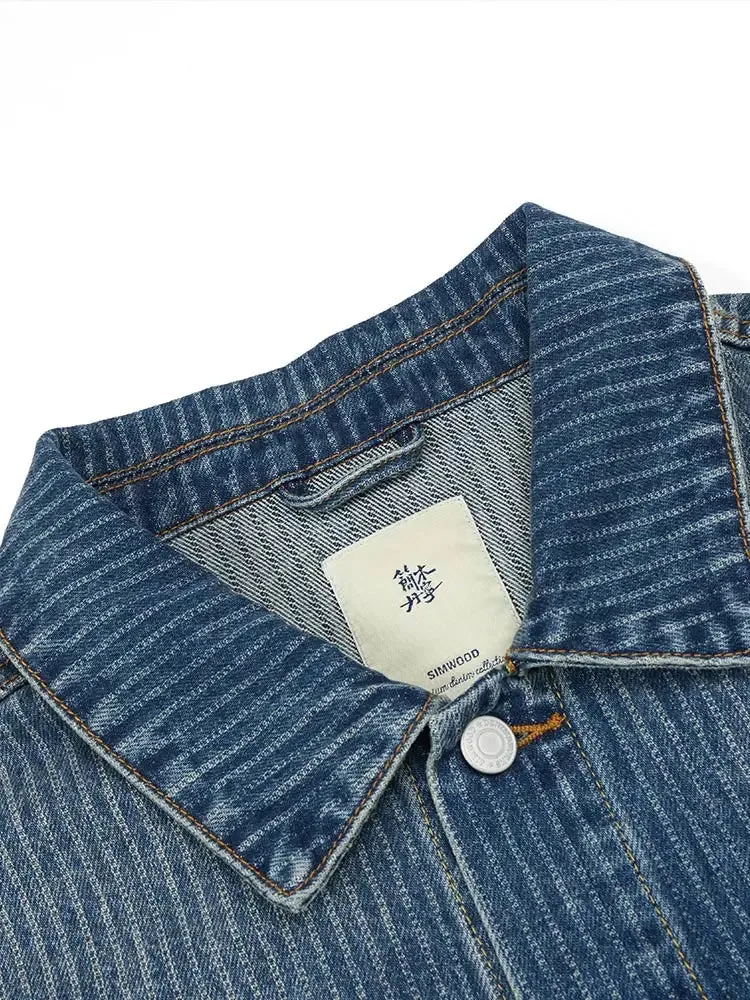 Oversize Vertical Striped Denim Jackets Men Chore Coats Cargo Outwear