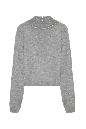 Pearl Accessory Turtleneck Sweater Gray