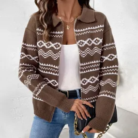 PEOPLETERRITORY  ethnic style jacquard zipper cardigan New autumn and winter new lapel casual knitted sweater