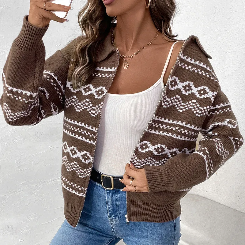 PEOPLETERRITORY  ethnic style jacquard zipper cardigan New autumn and winter new lapel casual knitted sweater