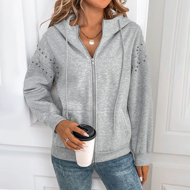 PEOPLETERRITORY  new hooded long-sleeved sweater autumn and winter solid color rivets casual fashion sweater jacket women