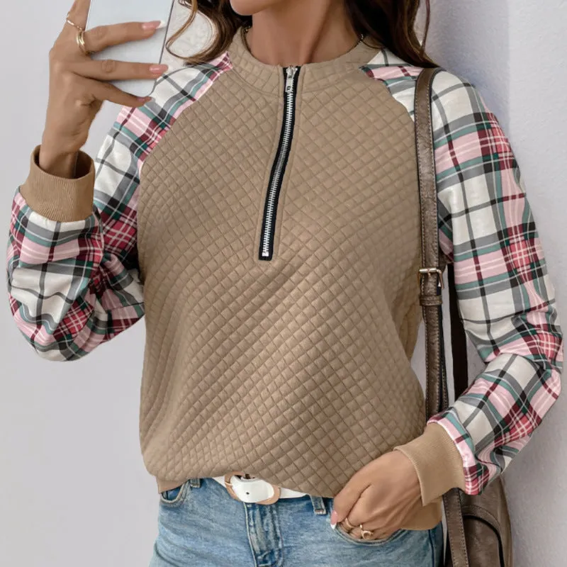 PEOPLETERRITORY New new autumn women's plaid splicing top  retro splicing retro texture pullover sweater