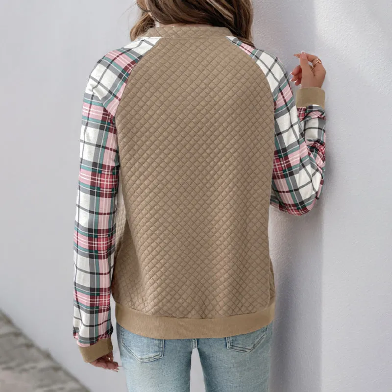 PEOPLETERRITORY New new autumn women's plaid splicing top  retro splicing retro texture pullover sweater