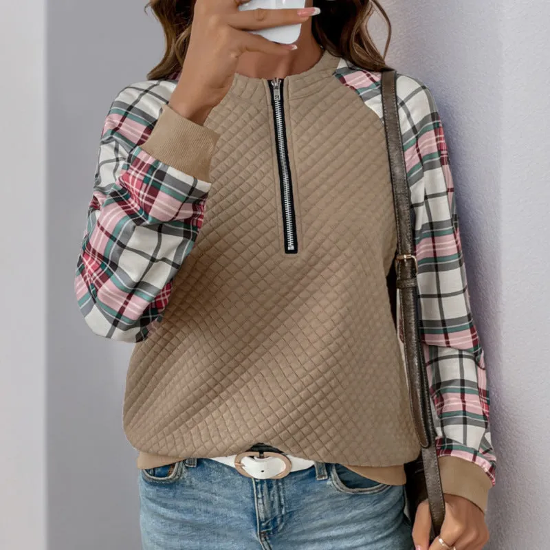 PEOPLETERRITORY New new autumn women's plaid splicing top  retro splicing retro texture pullover sweater