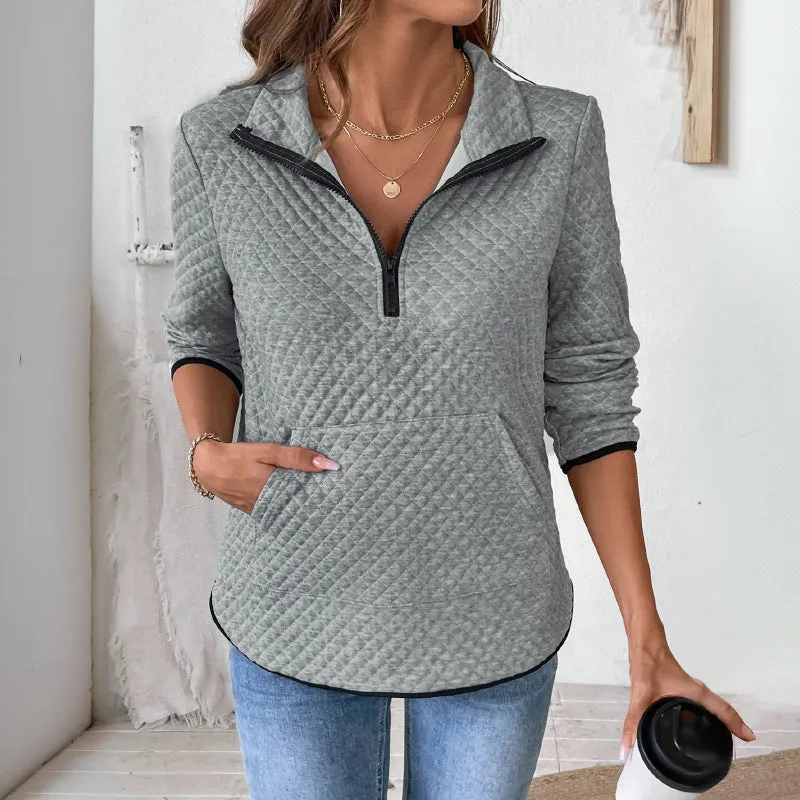 PEOPLETERRITORY  waffle V-neck zipper semi-open pullover sweater casual solid color versatile texture top