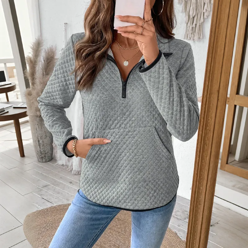 PEOPLETERRITORY  waffle V-neck zipper semi-open pullover sweater casual solid color versatile texture top