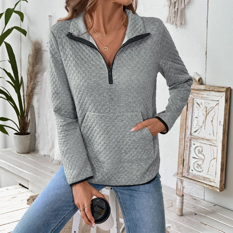 PEOPLETERRITORY  waffle V-neck zipper semi-open pullover sweater casual solid color versatile texture top