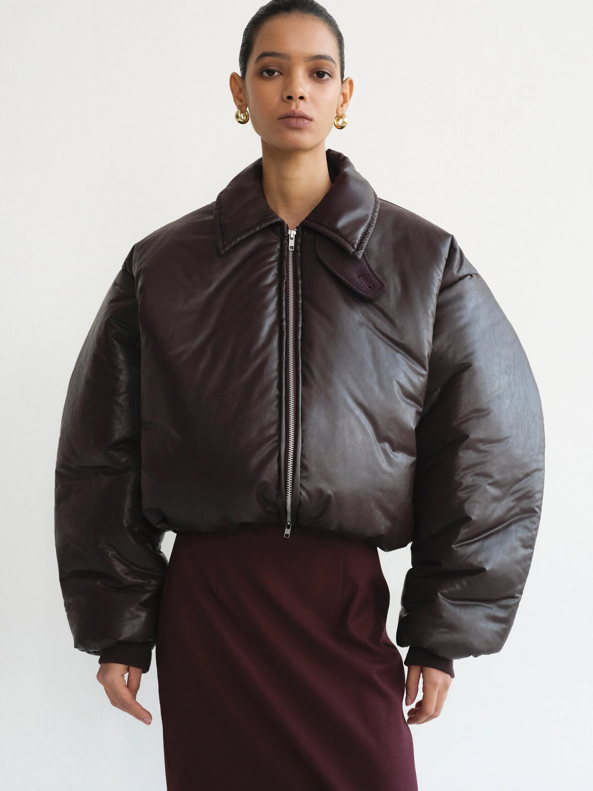 Pillow Faux-Leather Bomber Jacket, Dark Brown