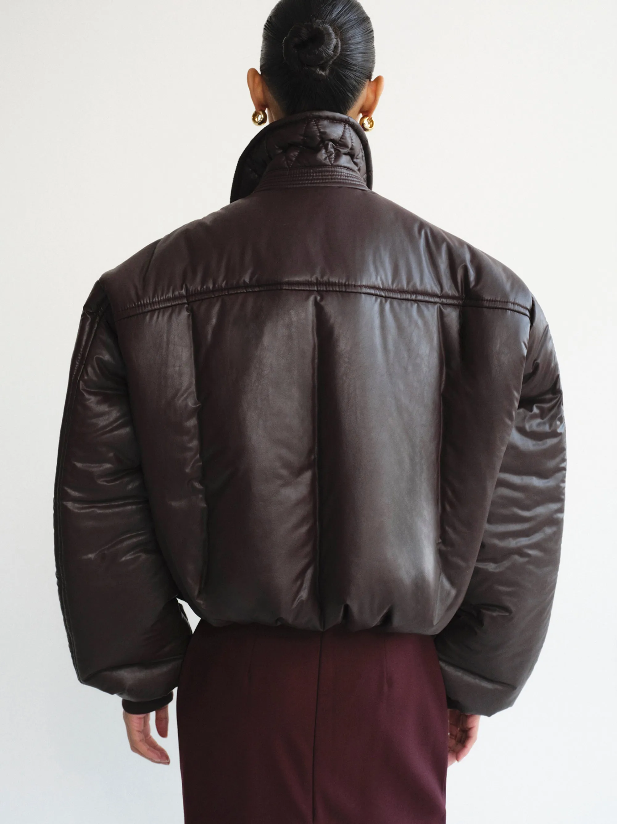 Pillow Faux-Leather Bomber Jacket, Dark Brown