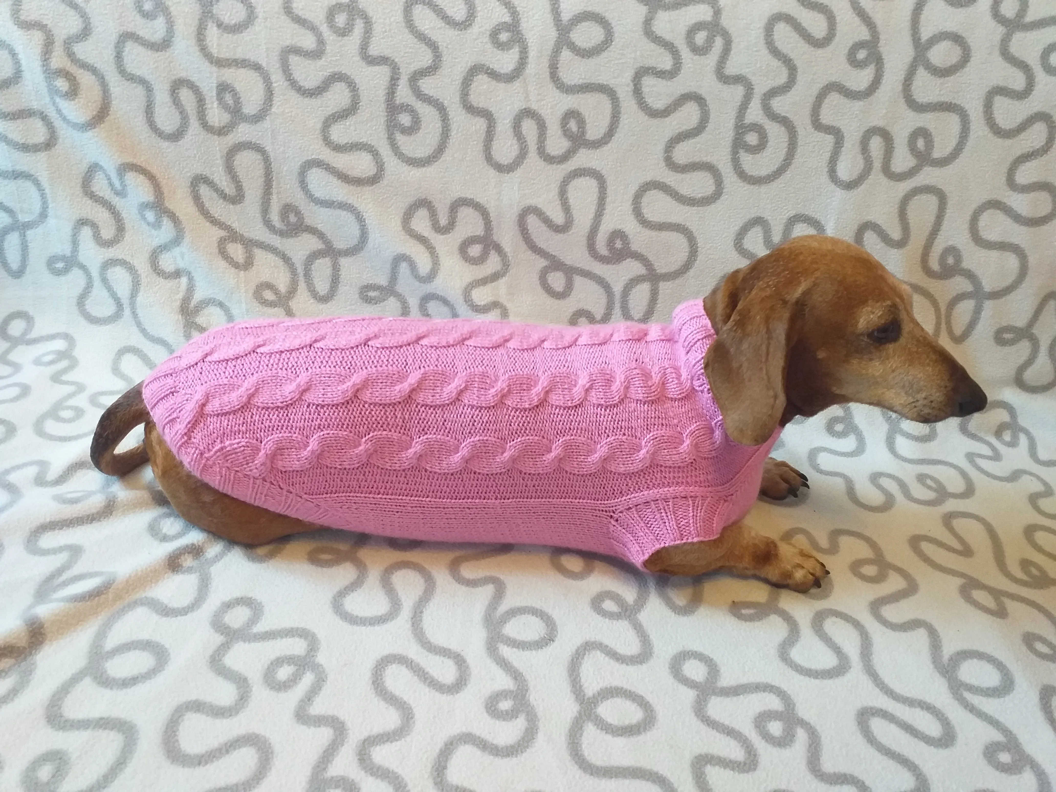 Pink knitted sweater for small dog, clothes for dachshunds