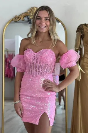 Pink Strapless Applique Bodycon Homecoming Dress wiith Sleeves PD542