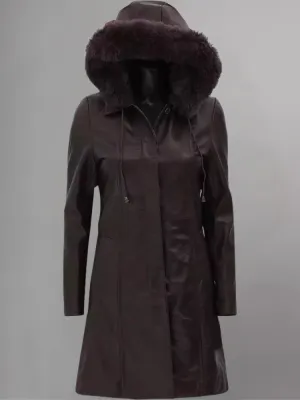 Prato Shearling Hood Leather Dark Brown Coat Womens