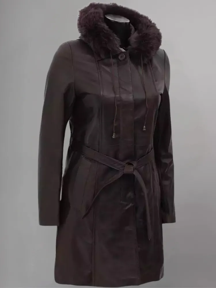 Prato Shearling Hood Leather Dark Brown Coat Womens