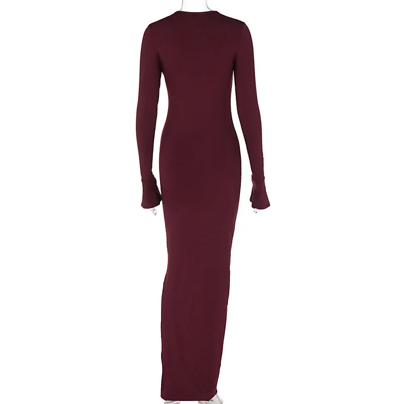 Pre Order:  Solid Pleated Slim Bell Sleeve Maxi Dress