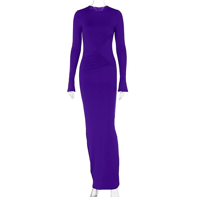 Pre Order:  Solid Pleated Slim Bell Sleeve Maxi Dress