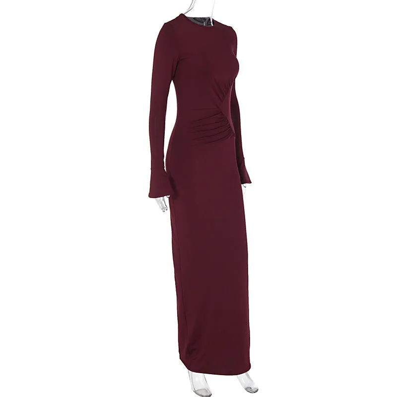 Pre Order:  Solid Pleated Slim Bell Sleeve Maxi Dress