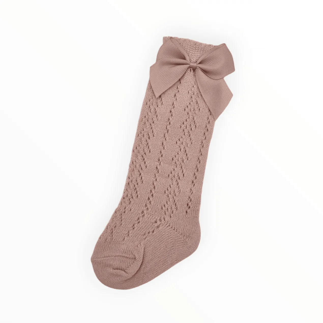 Primrose Pink Open Patterned Knee High Style Socks With 3 Inch Bow