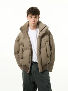 Puffer Jacket with Ribbed Hem and Stand Collar