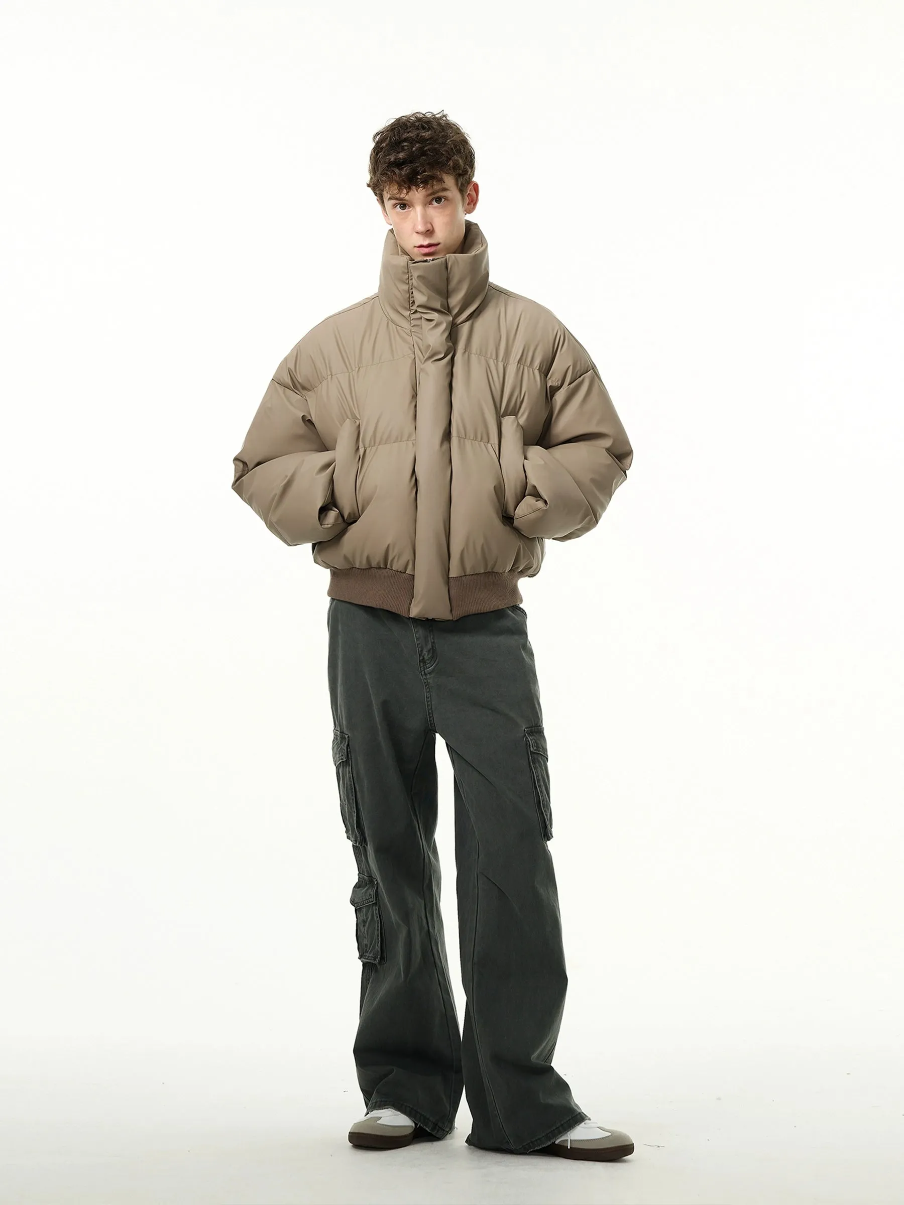 Puffer Jacket with Ribbed Hem and Stand Collar