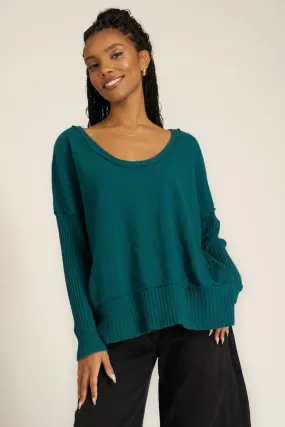 Quinn Mixed Fabric Oversized Pullover - Pacific Teal