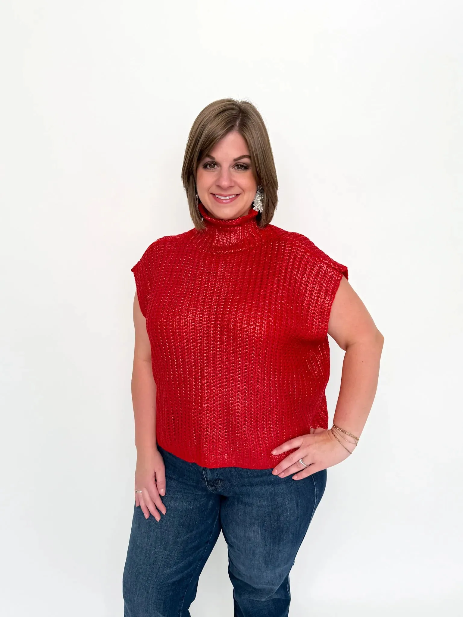 Red Metallic Cap Sleeve Sweater