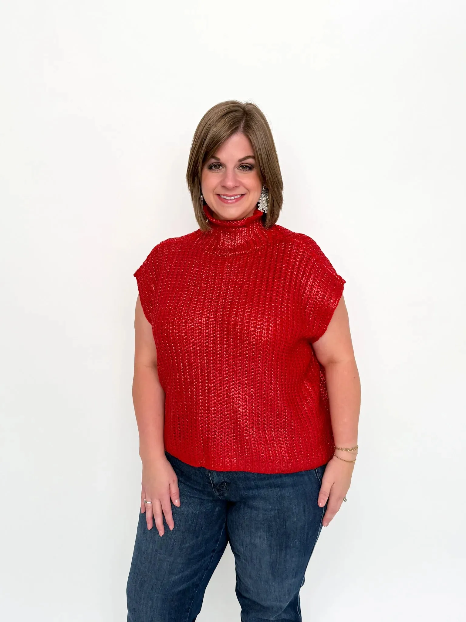 Red Metallic Cap Sleeve Sweater