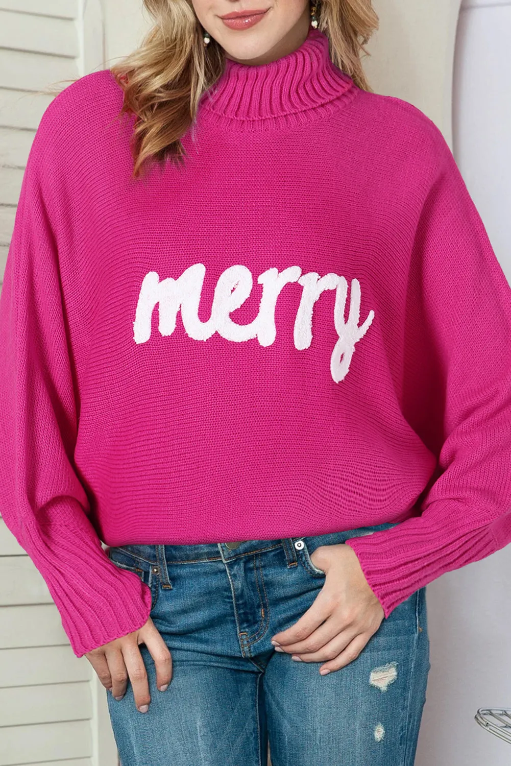 Red Turtle Neck Batwing Sleeve Merry Christmas Sweater