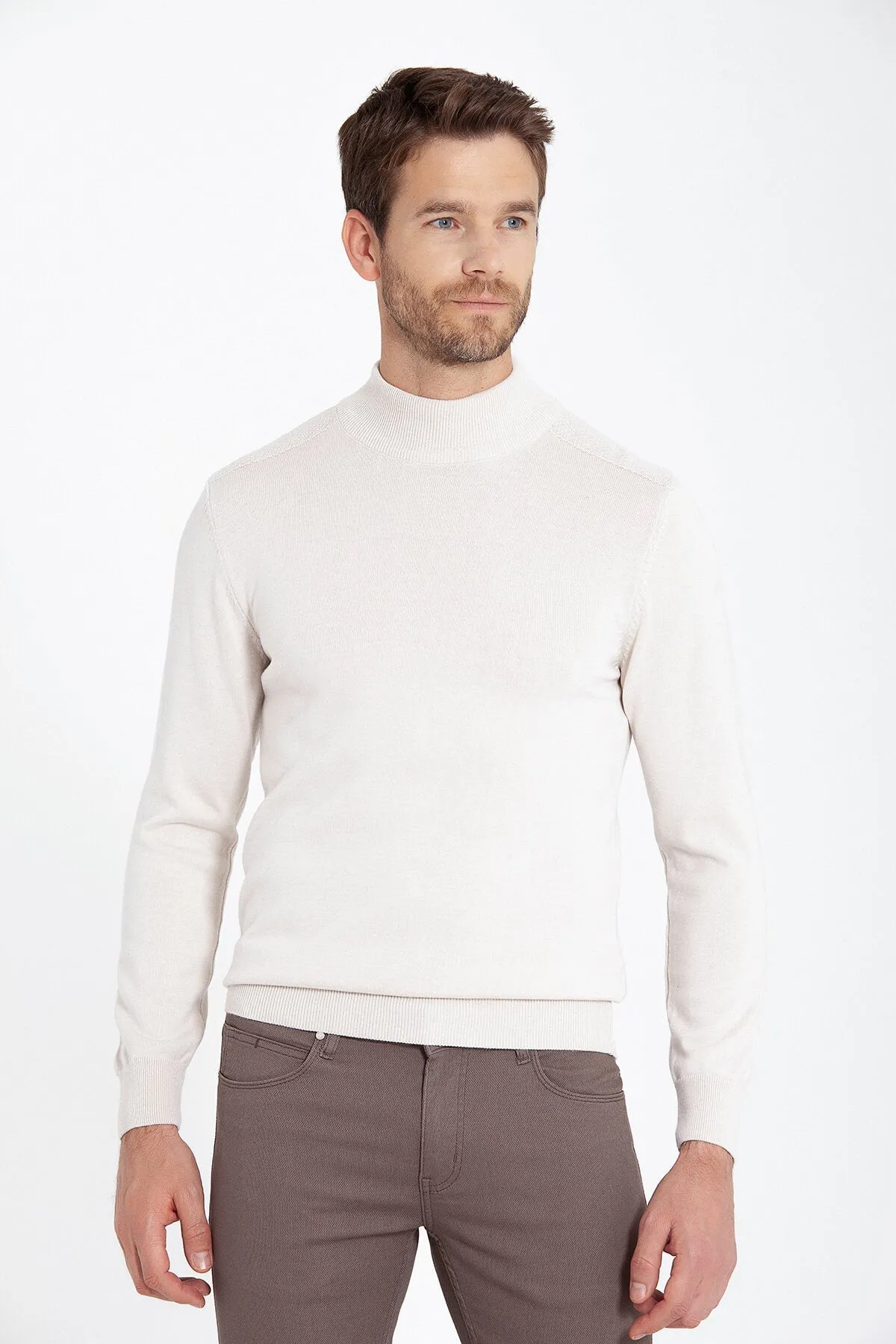 Regular Fit Stone Cotton Blend Mock Neck Sweater