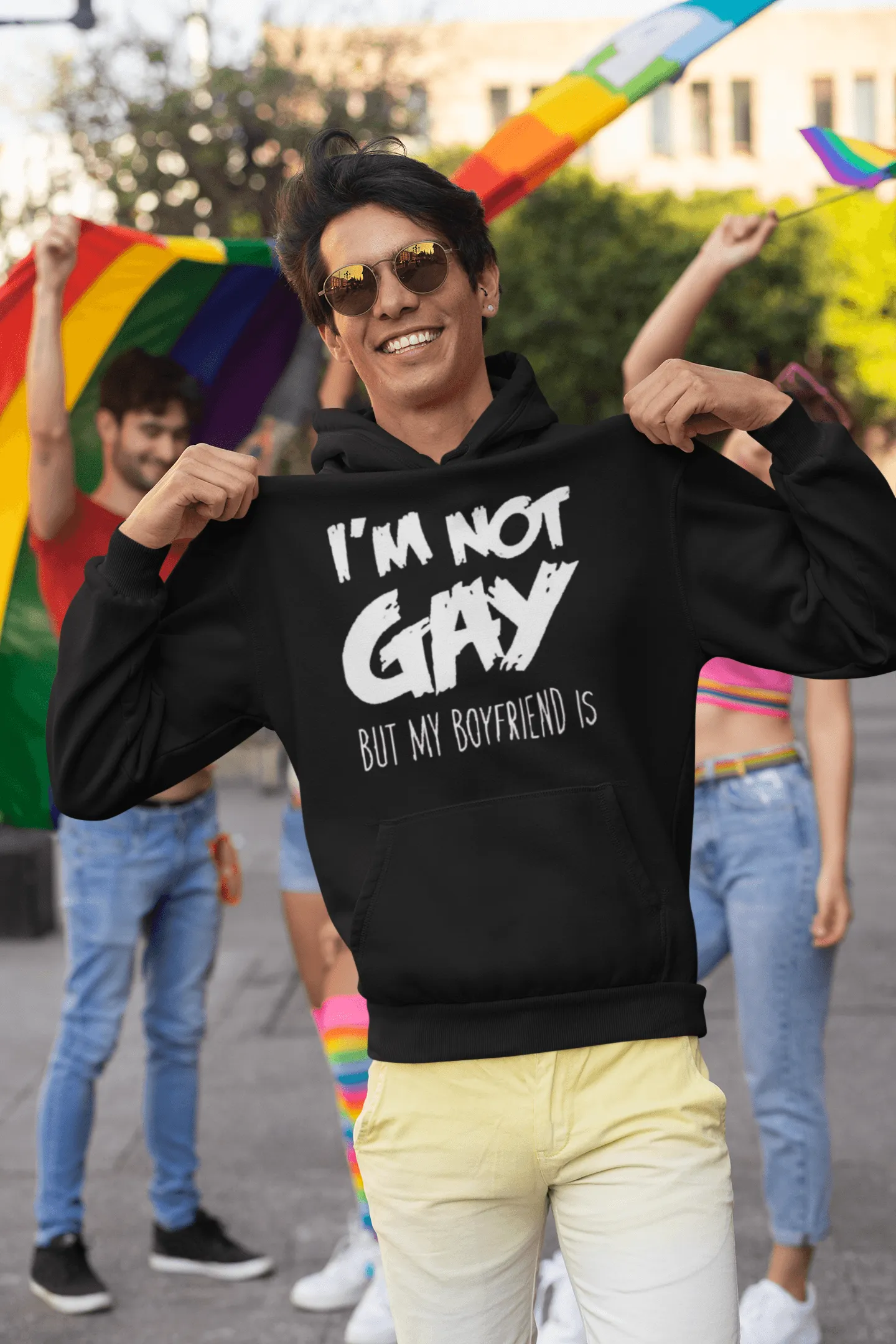 Relationship Hoodie I'm not Gay but my Boyfriend Is Blended Cotton Midweight Unisex Pullover