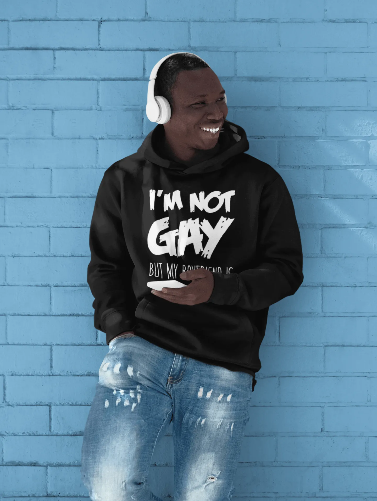 Relationship Hoodie I'm not Gay but my Boyfriend Is Blended Cotton Midweight Unisex Pullover