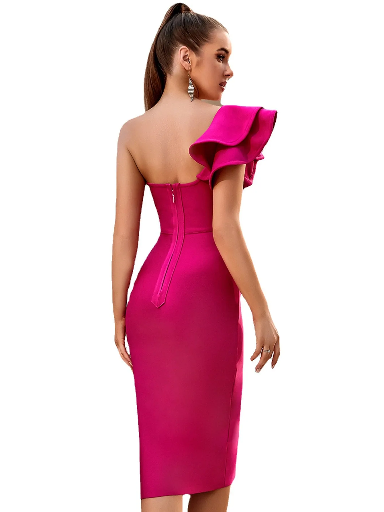 Ruffle-Adorned Rose Red Bodycon Dress - Culture Heaven Special