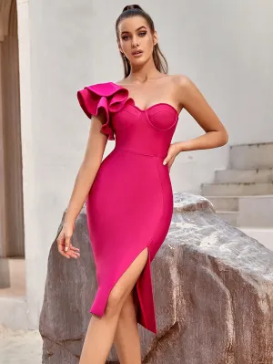 Ruffle-Adorned Rose Red Bodycon Dress - Culture Heaven Special