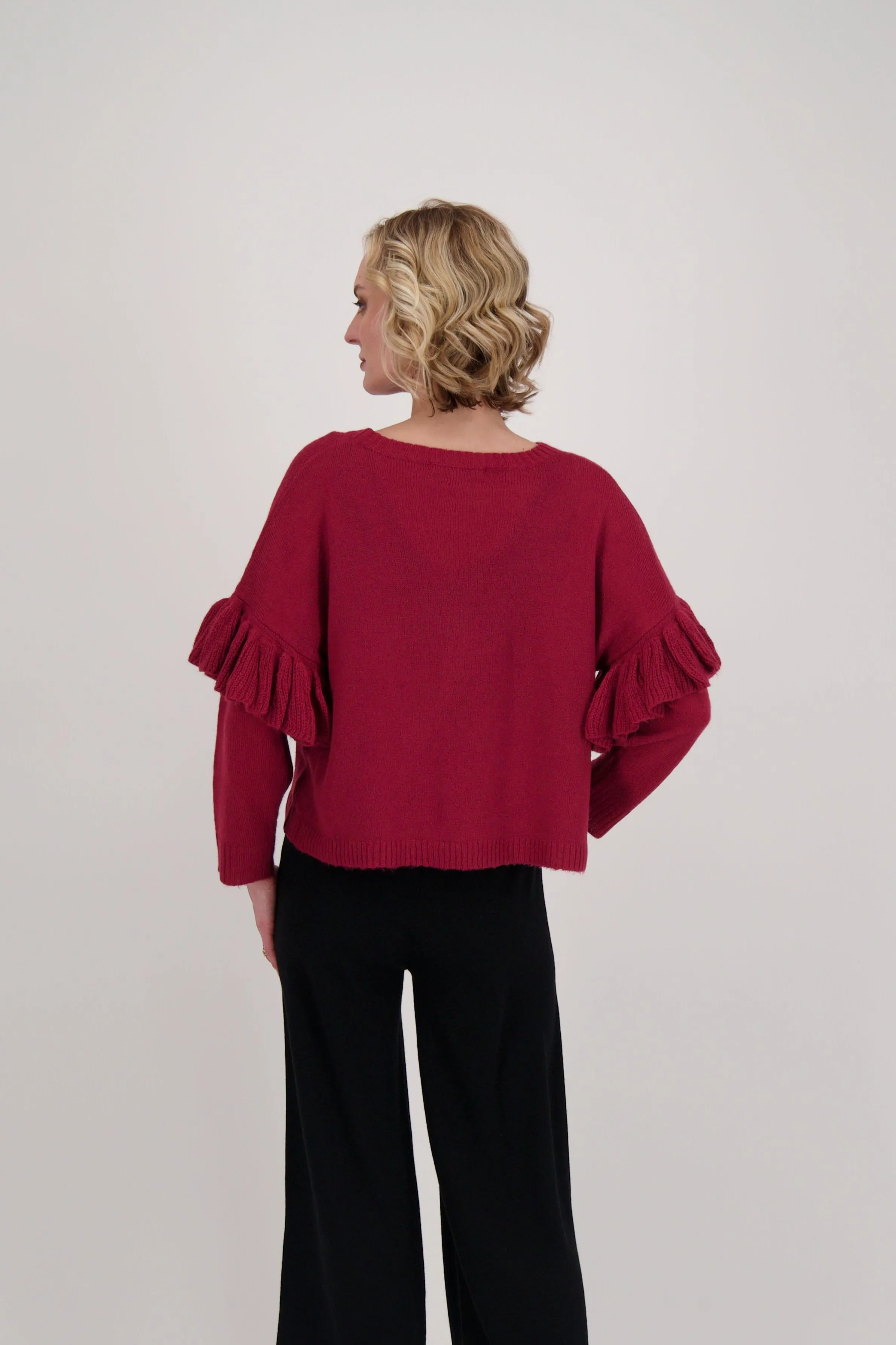 Ruffle Sleeve Crew Neck Sweater