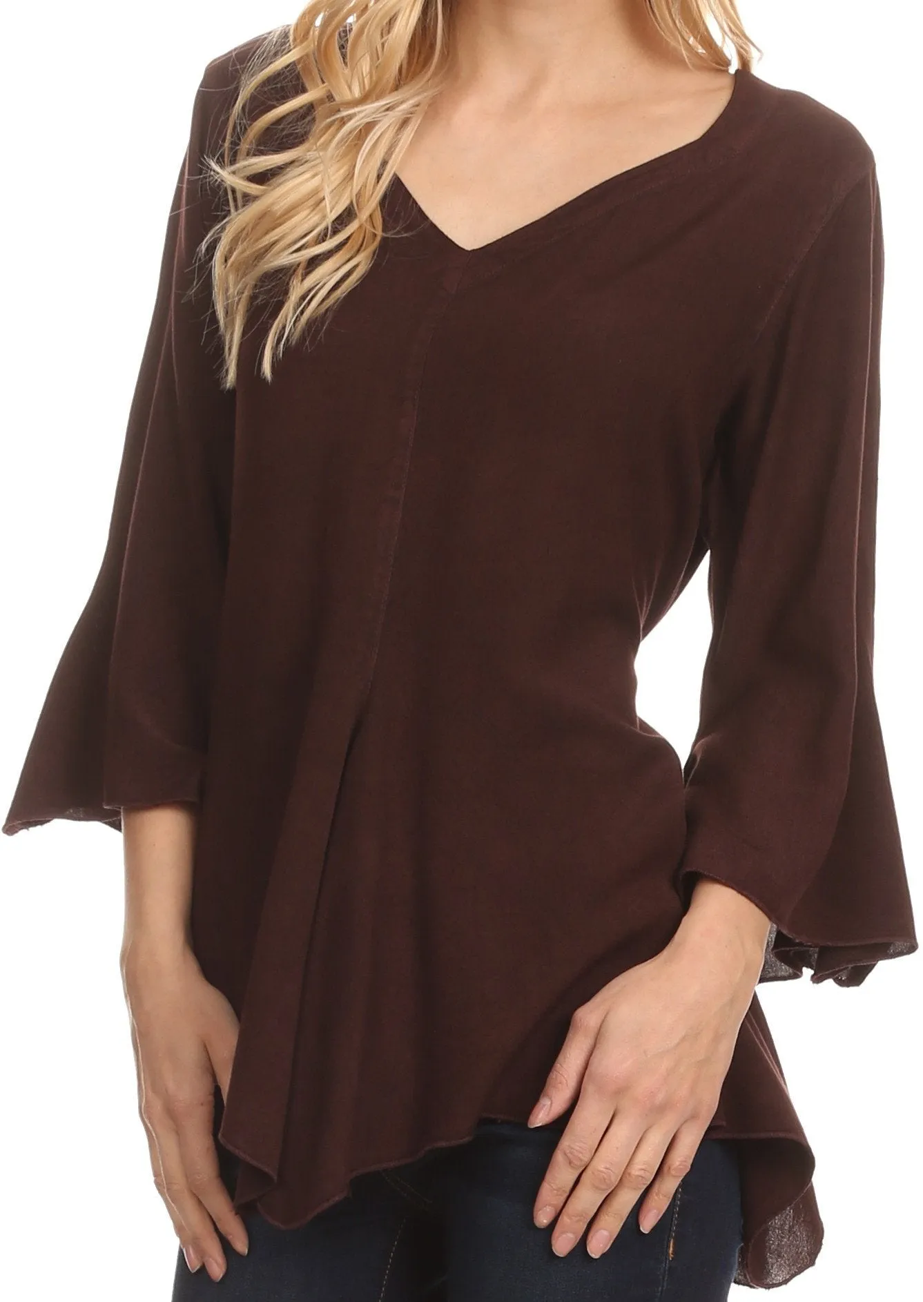 Sakkas Geena Long Tall V Neck 3/4 Length Bell Sleeve With Adjustable Side Straps