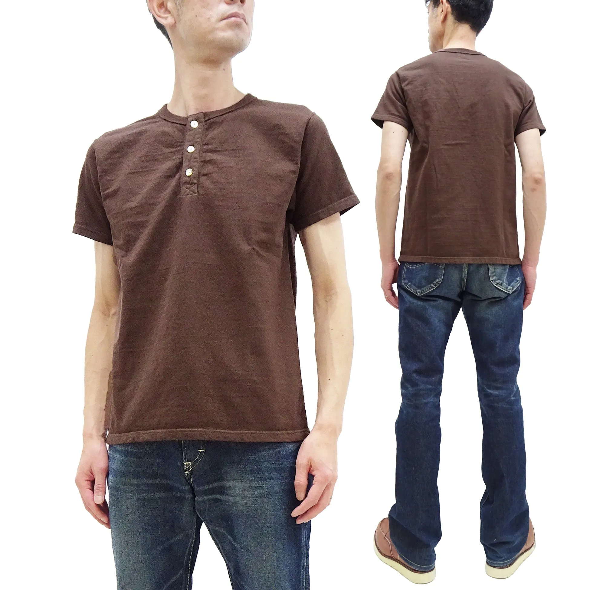 Samurai Jeans Plain Henly T-shirt Men's Super Heavy Short Sleeve Natural Japanese Cotton Slub Tee SJST-SC02 Dark Chestnut Color