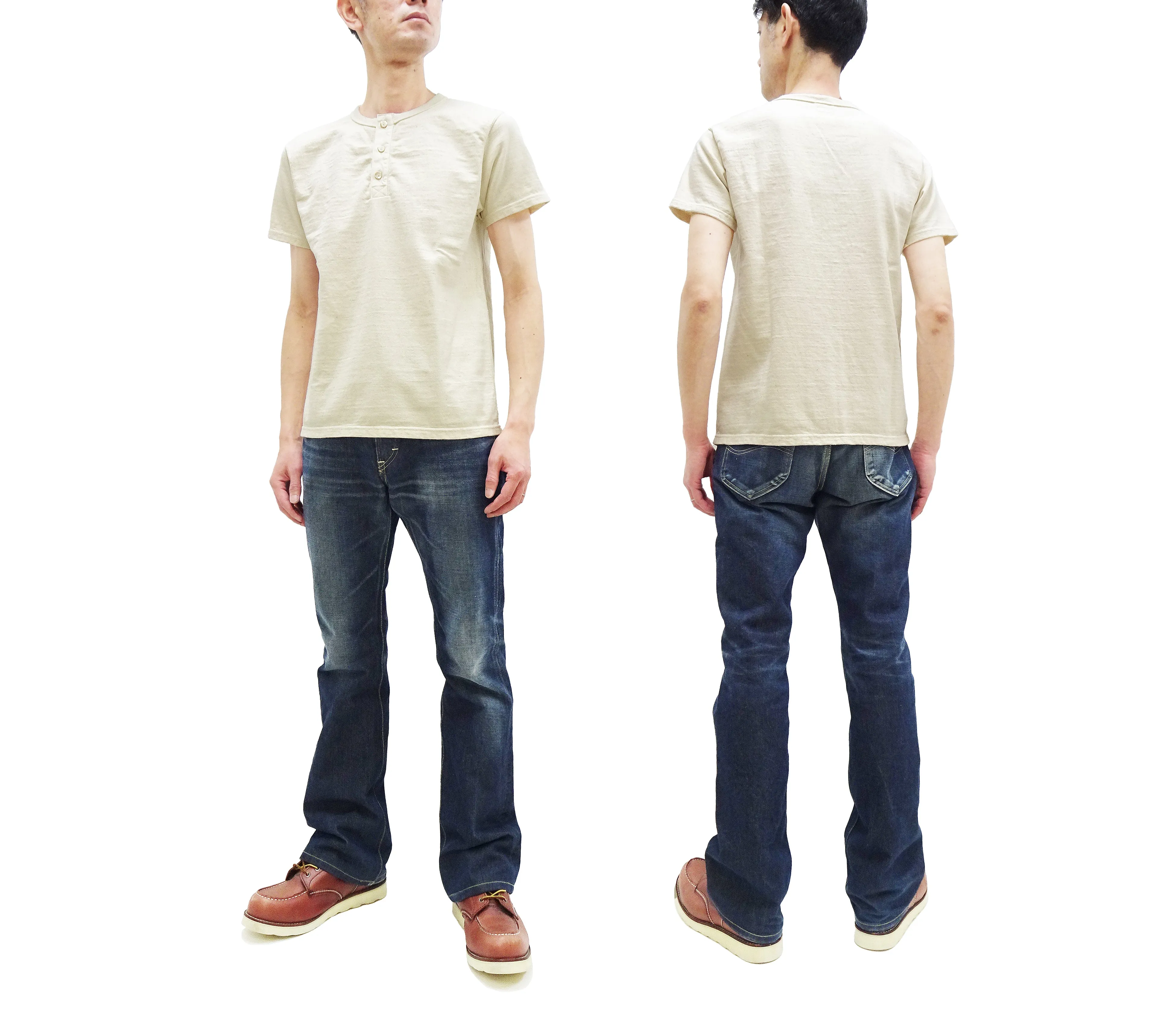 Samurai Jeans Plain Henly T-shirt Men's Super Heavy Short Sleeve Natural Japanese Cotton Slub Tee SJST-SC02 Natural Ecru-Undyed Color