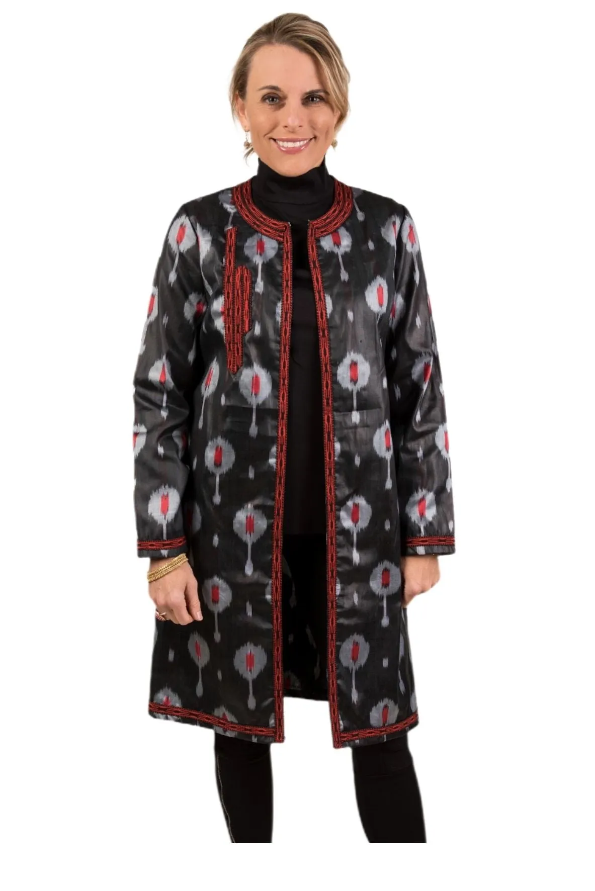 Sanford Silk Ikat Coat - Black, Red, Silver