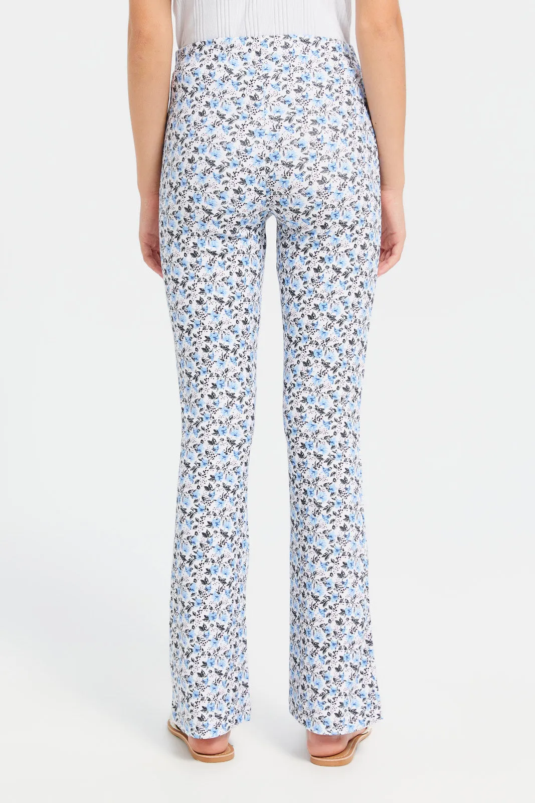 Senior Girls White And Blue Floral Print Flared Leggings