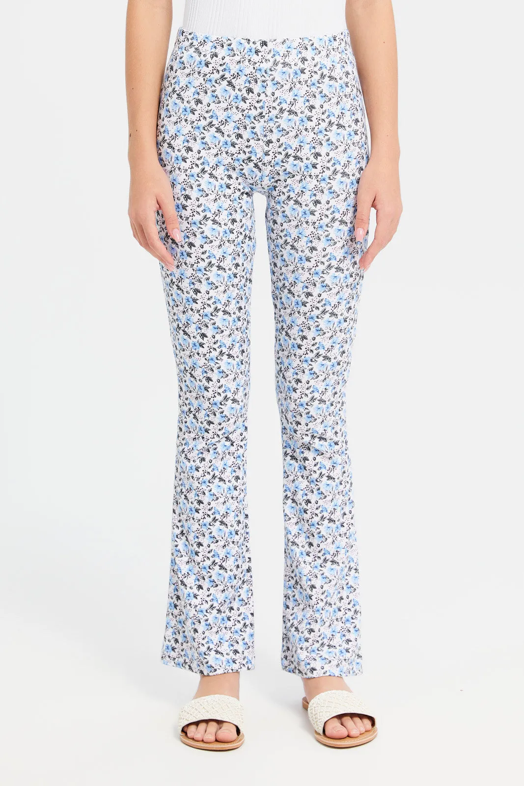 Senior Girls White And Blue Floral Print Flared Leggings