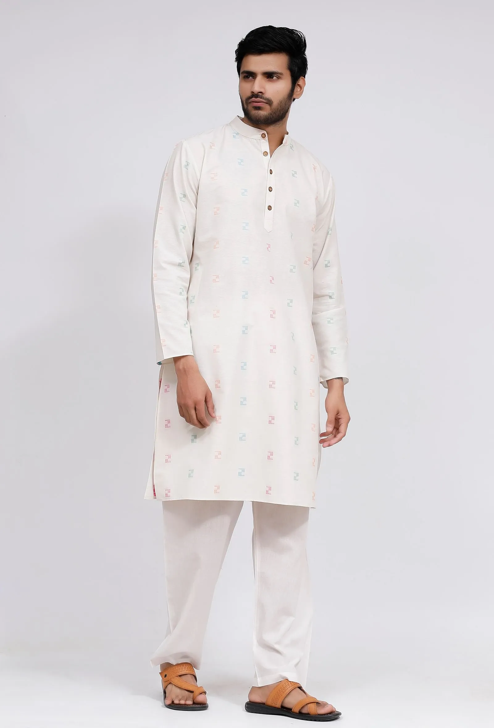 Set of 3: White Stripe Nehru Jacket With White Dobby Button Down Kurta and Pajama